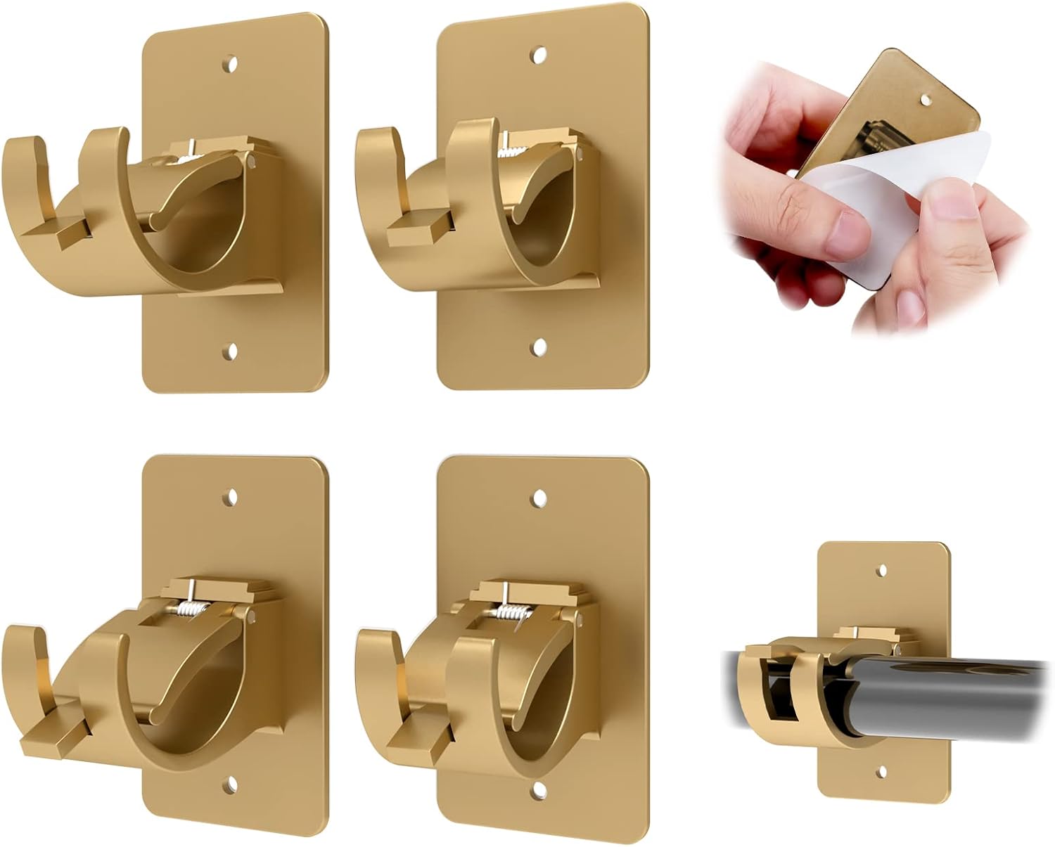 Gold Self-Adhesive Curtain Rod Brackets - No Drill, Adjustable