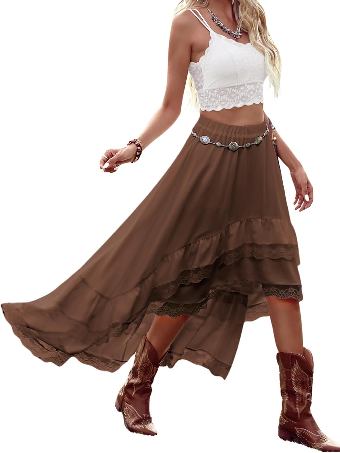 Verdusa Women's Western Boho Lace Ruffle Skirt for Concerts