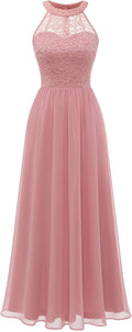 Women's Halter Long Prom Dress Floral Lace - Elegant Chiffon Fit
