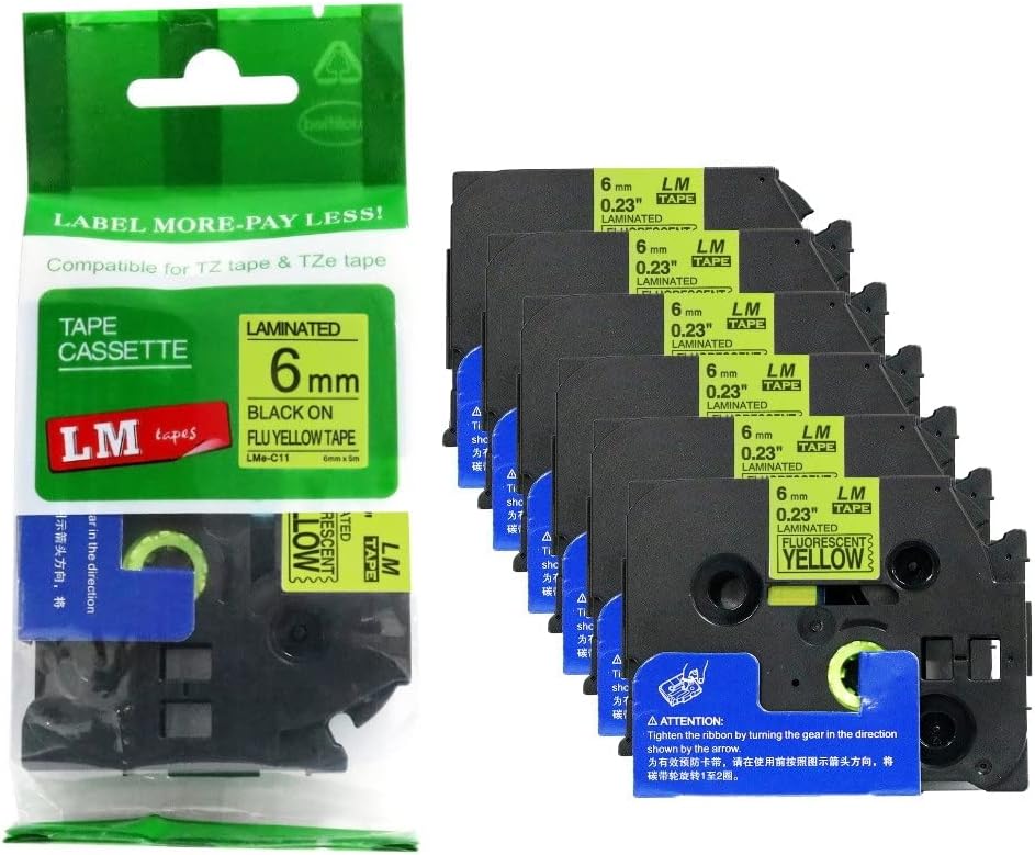 Premium 6/Pack LM Tapes for Brother P-Touch - Bright Yellow Labels