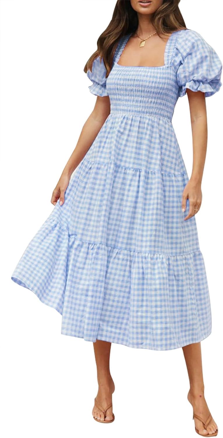 ZESICA Women's Bohemian Summer Midi Dress with Puff Sleeves