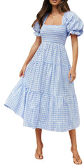 Womens Bohemian Plaid Square Neck Midi Dress - Flowy Puff Sleeves