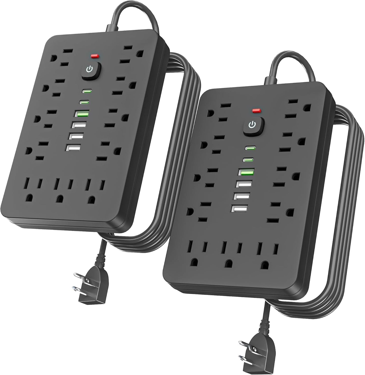 2PCS 5 FT Flat Plug Surge Protector Power Strip with USB Ports