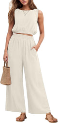 Women's Sleeveless Crop Top and Wide Leg Pant Set - Lightweight Summer
