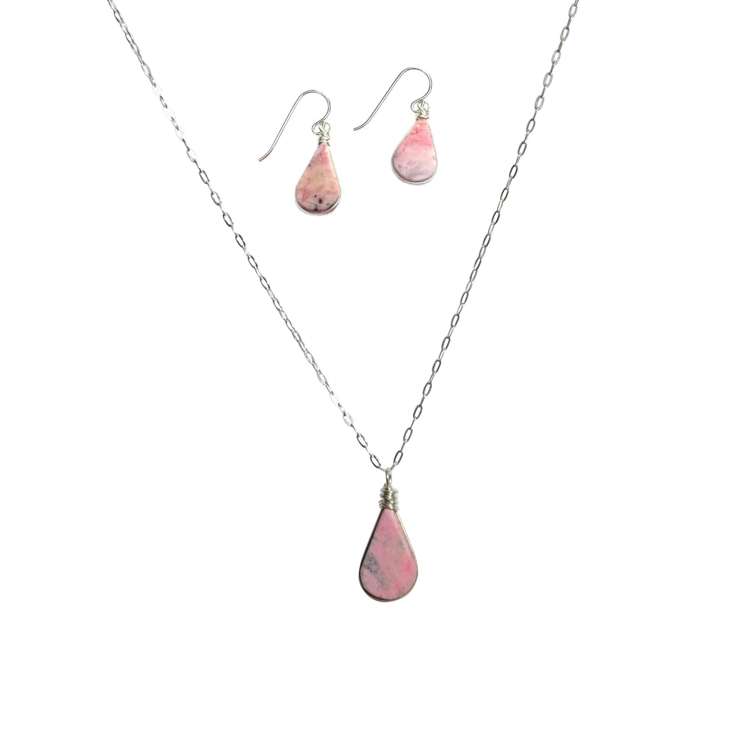 Rhodonite Pink Stone Jewelry Set - Handmade Sterling Silver Gift