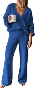Women's 2 Piece Knit Wide Leg Sweatsuit - Casual V Neck Lounge Set