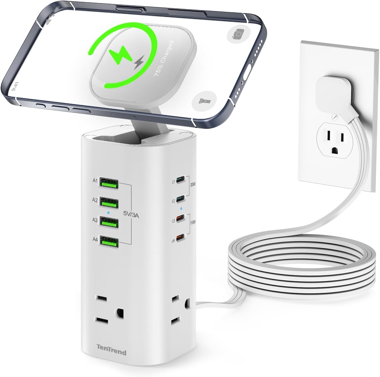 Tower Power Strip Surge Protector with 3 AC Outlets & 8 USB Ports
