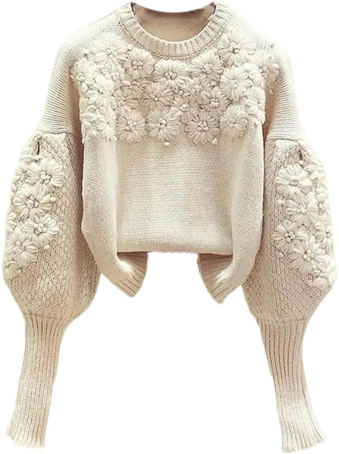ChenKongHai 3D Flower Embroidery Lantern Sleeve Sweater