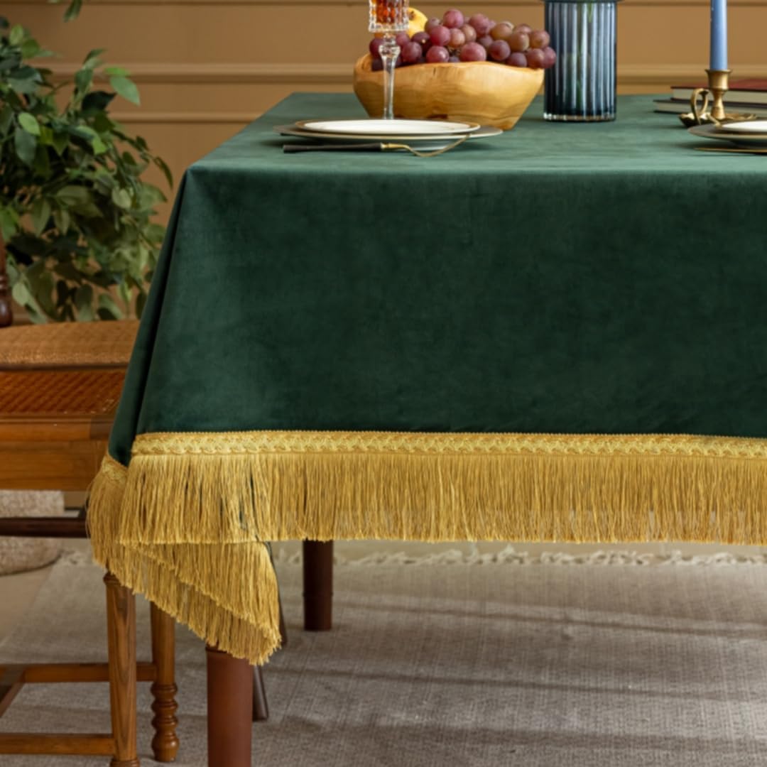 Luxury Green Velvet Tablecloth with Gold Tassels for Events