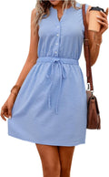 Women's Summer Tie Waist Button Up Sleeveless A Line Dress - Slimming