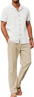 COOFANDY Men 2 Piece Linen Outfit Beach Button Down Shirt