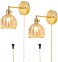 Plug in Wall Sconces Set of 2 - Vintage Tulip Amber Glass Wall Lights