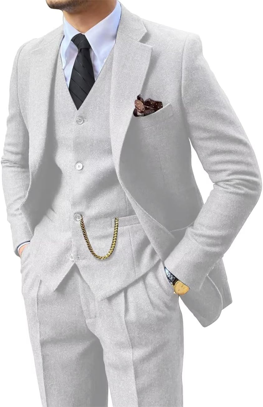 Retro 3 Piece Suit Tweed Herringbone Slim Fit Groom Tuxedos Set