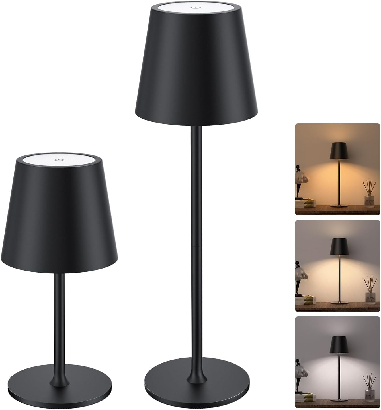JACKYLED Rechargeable Table Lamps: 3 Height, Dimmable, Waterproof - 2 Pack