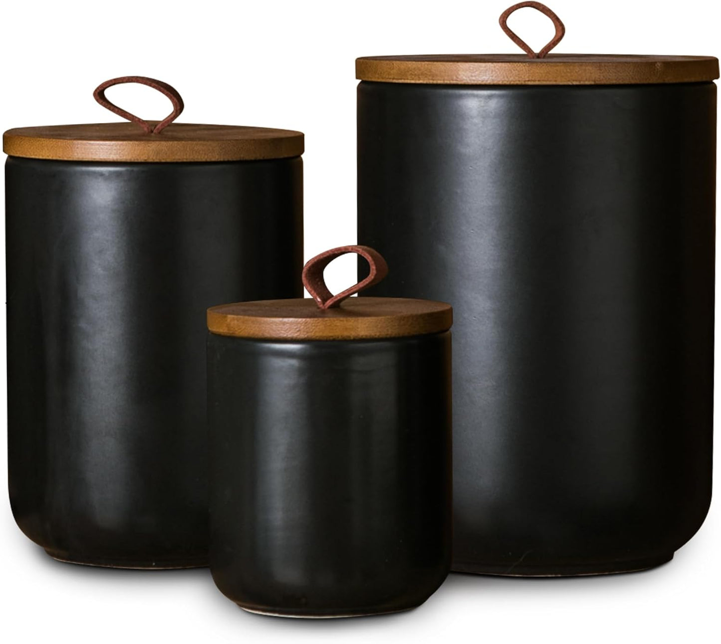 Black Ceramic Canister Set with Wooden Lid for Kitchen Storage