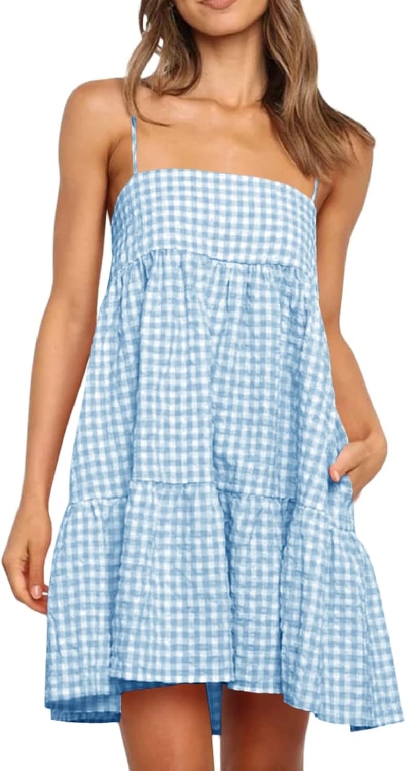 Womens Plaid A-line Dresses with Ruffle Hem and Side Pockets