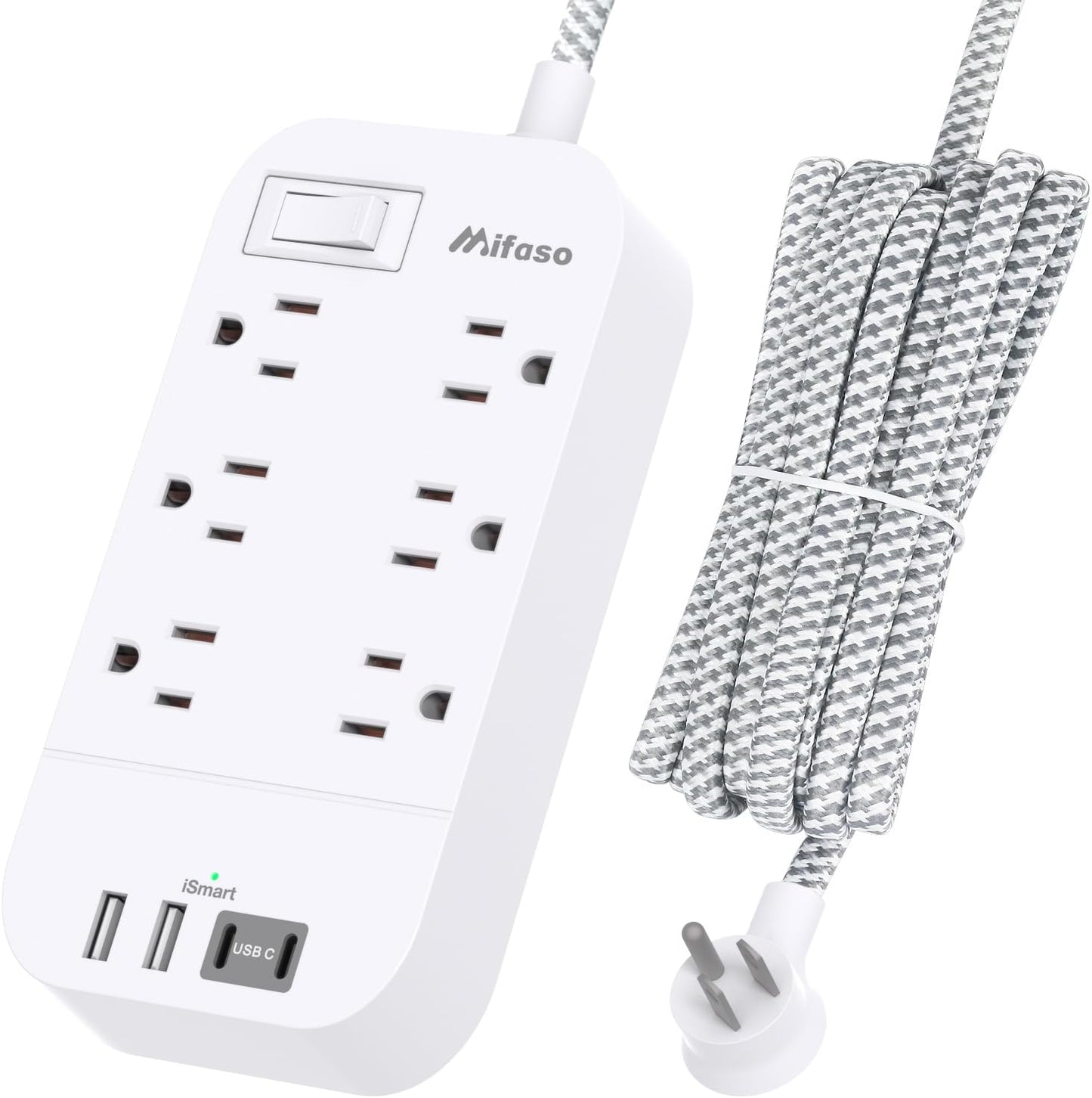 Mifaso Power Strip - 10ft Flat Plug, 6 Outlets, 4 USB Ports