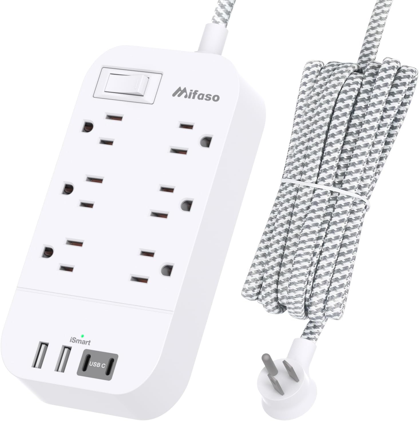 Mifaso Power Strip - 10ft Flat Plug, 6 Outlets, 4 USB Ports