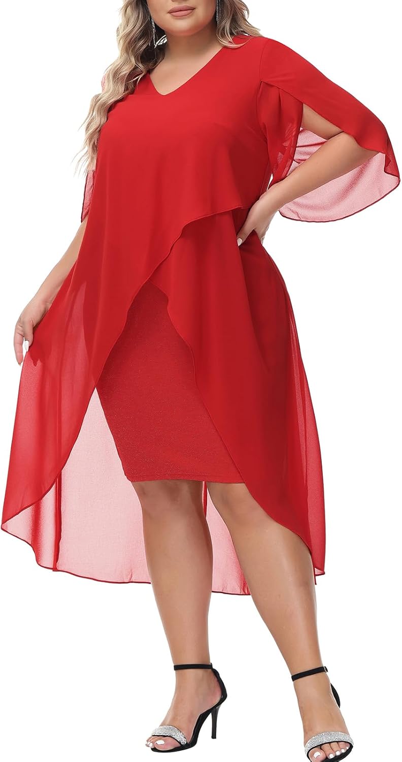 Plus Size Chiffon Cocktail Dress with Ruffle 3/4 Sleeve