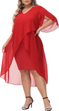 Plus Size Chiffon Cocktail Dress Ruffle 3/4 Sleeve - Flowy High Low It