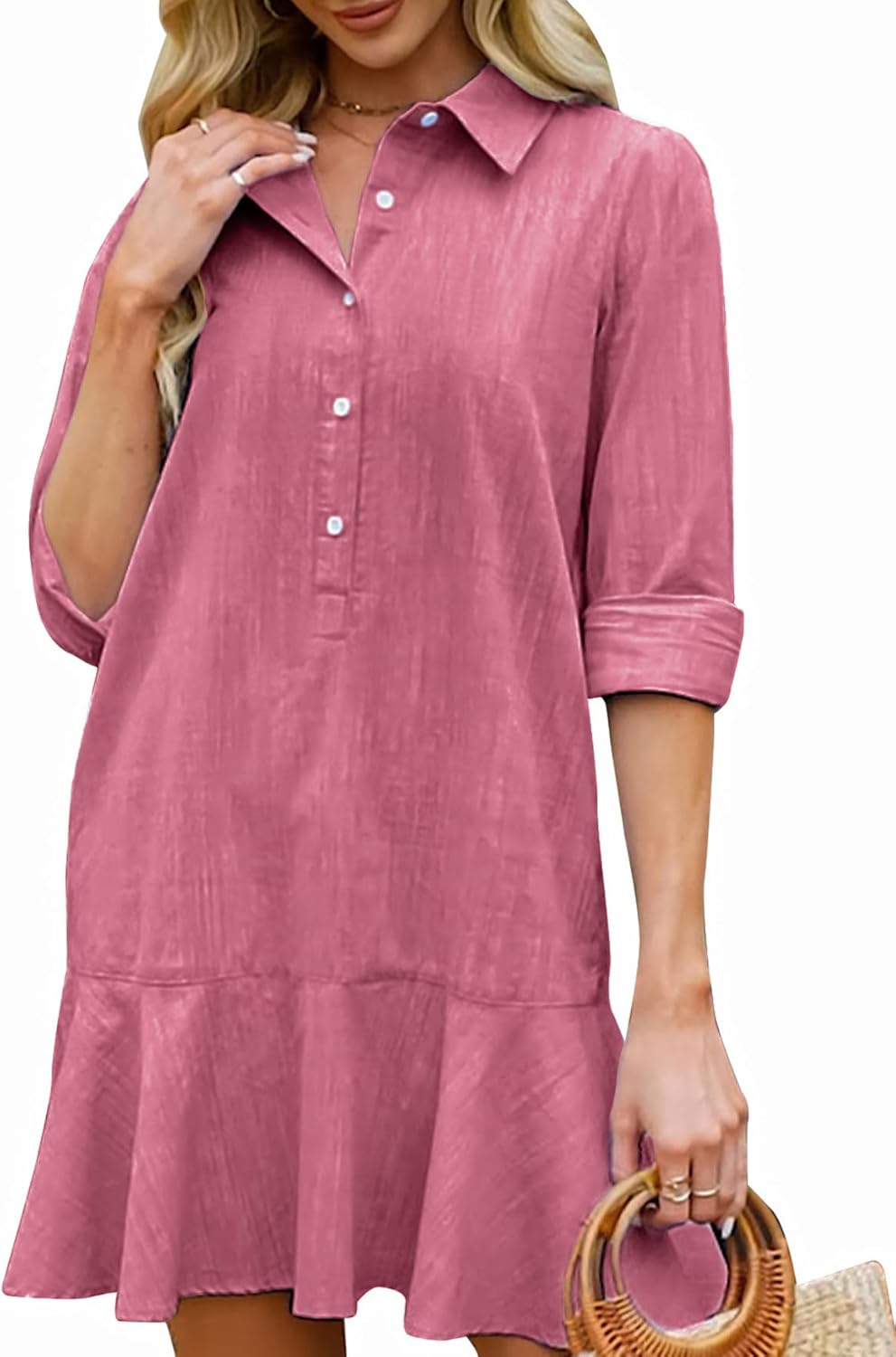 Women's Cotton Long Sleeve Ruffle Hem Tunic Mini Dress