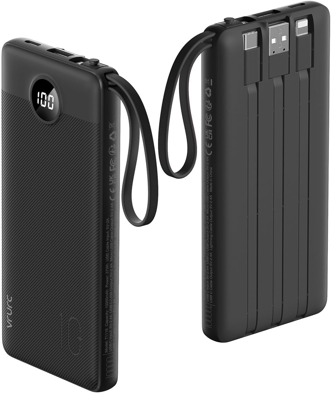 Portable Charger 10000mAh Built-in Cables LED Display - iPhone Samsung Android