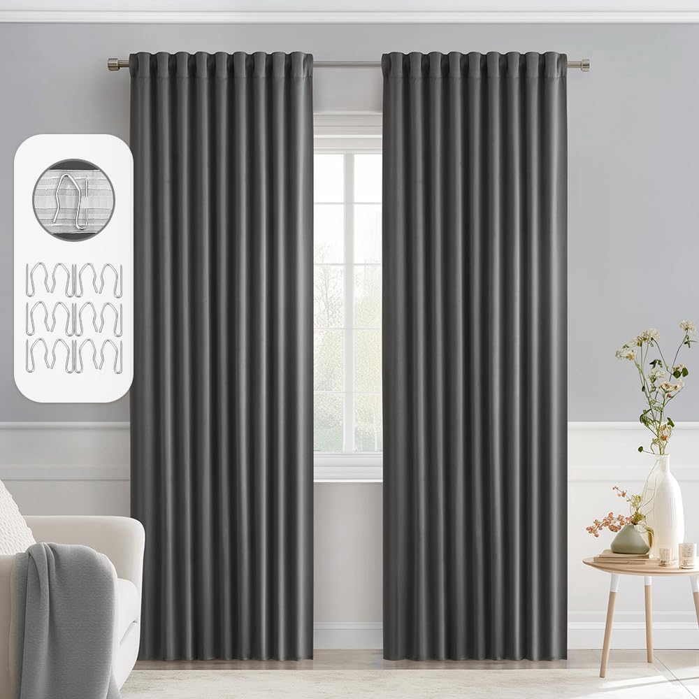 MIULEE Back Tab Grey Blackout Curtains for Living Room 90 Inch