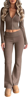 LILLUSORY Women's 2 Piece Knit Set - Slim Fit Zip Hoodie & Flare Pants