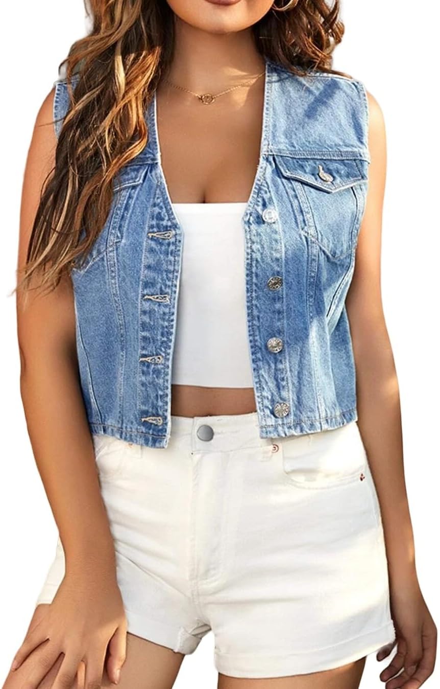 Cropped Denim Vest Top for Women - Casual V Neck Jean Jacket