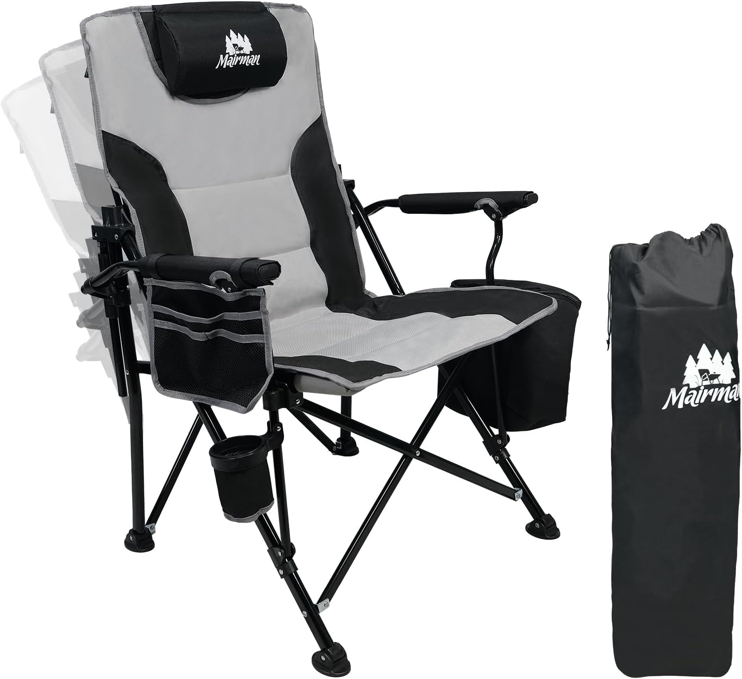 MAIRMAN Camping Chair | Adjustable Backrest | 350lbs Capacity | Cup Holder, Cooler Bag | Grey & Black