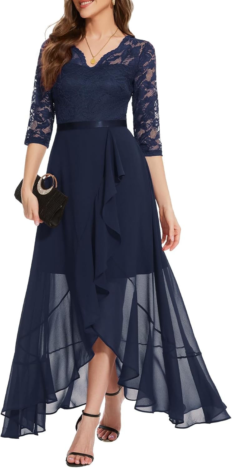 Bbonlinedress Women's V-Neck Hi-Lo Floral Lace Dress for Events
