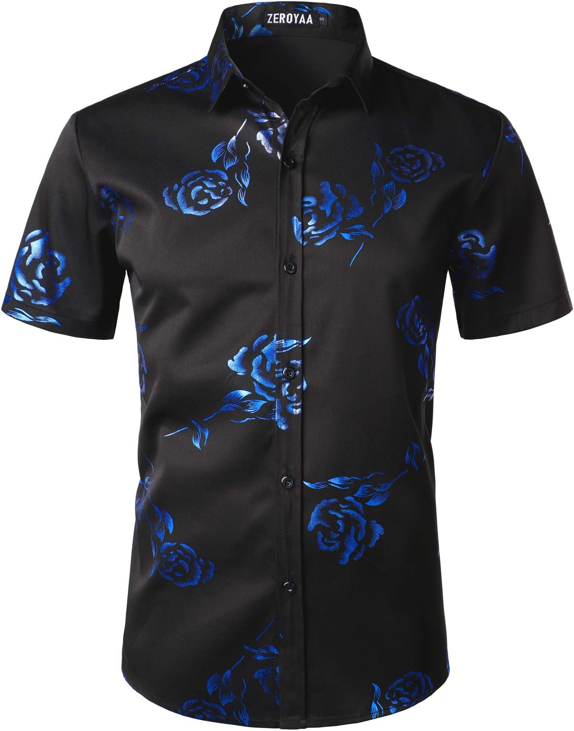 ZEROYAA Mens Hipster Gold Rose Printed Slim Fit Short Sleeve Shirts