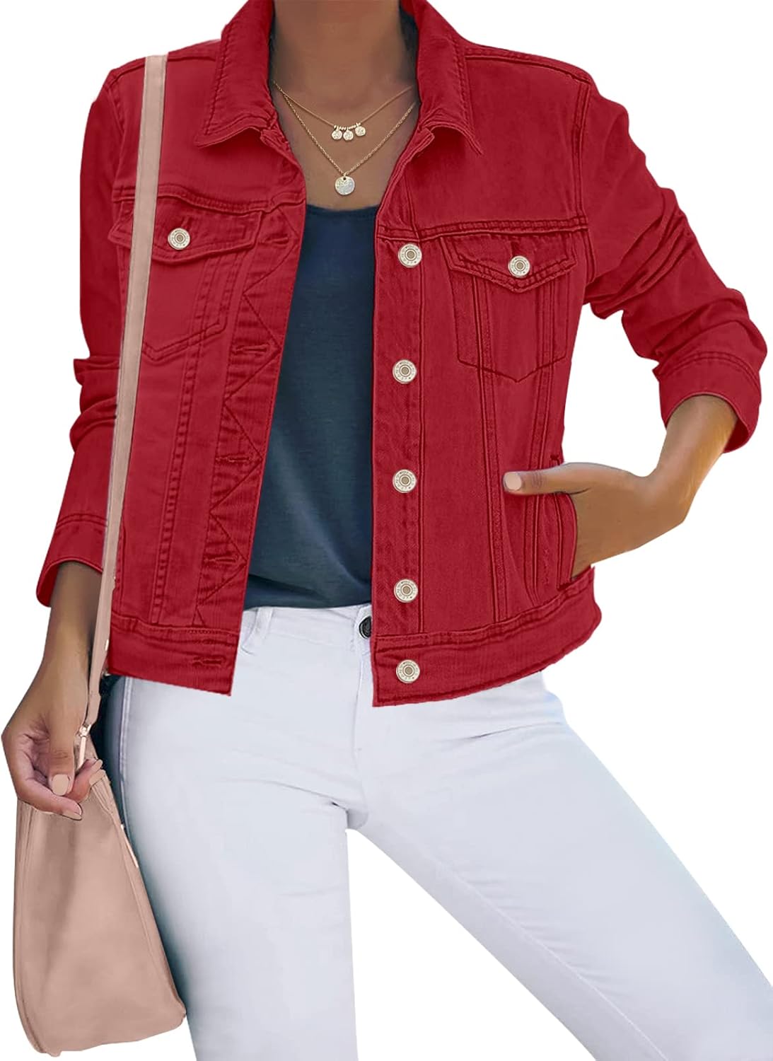 Luvamia Women's Basic Button Down Stretch Fitted Denim Jacket