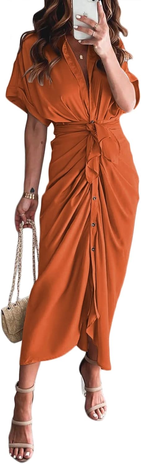 Elegant Satin Button Down Short Sleeve Maxi Shirt Dress for Women