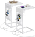 C Shaped End Table with Charging Station - Sofa Side Table Set of 2