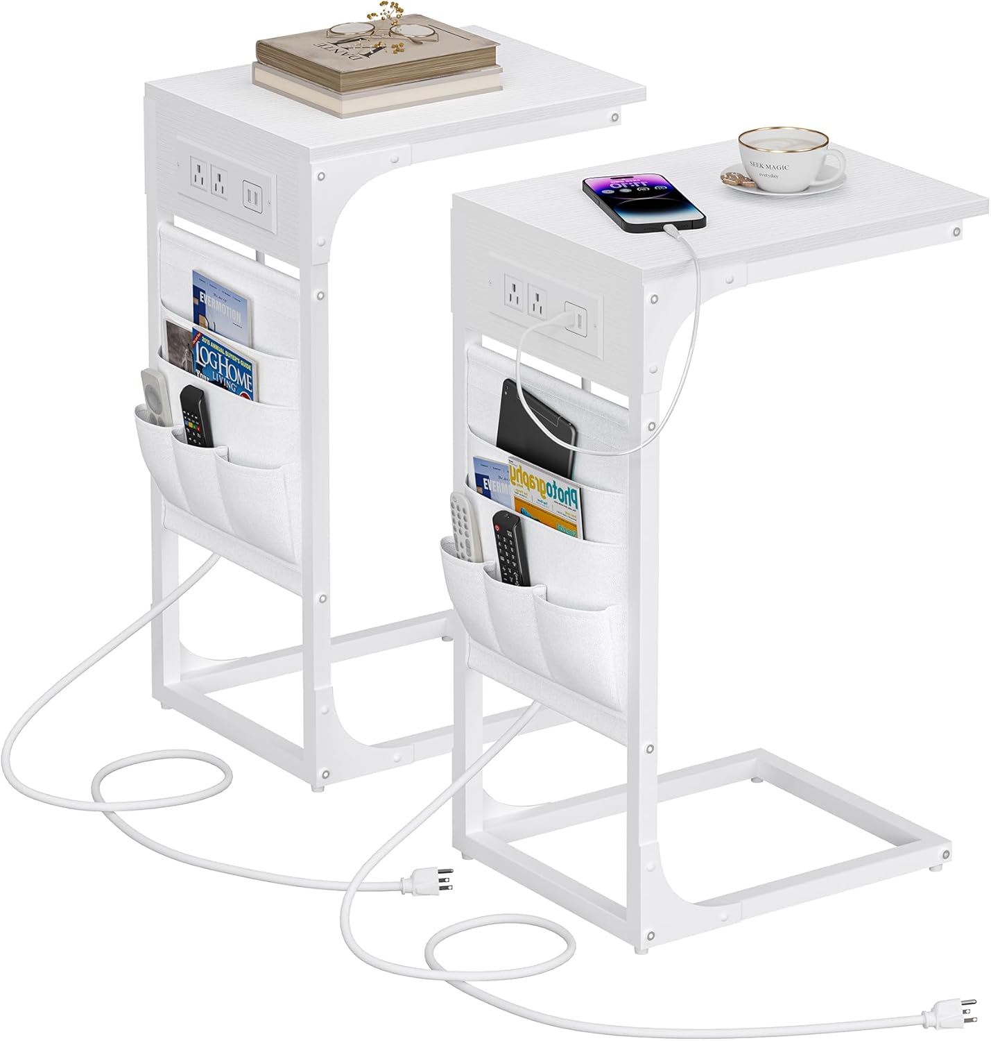 C Shaped End Table with Charging Station and Storage Bag Set