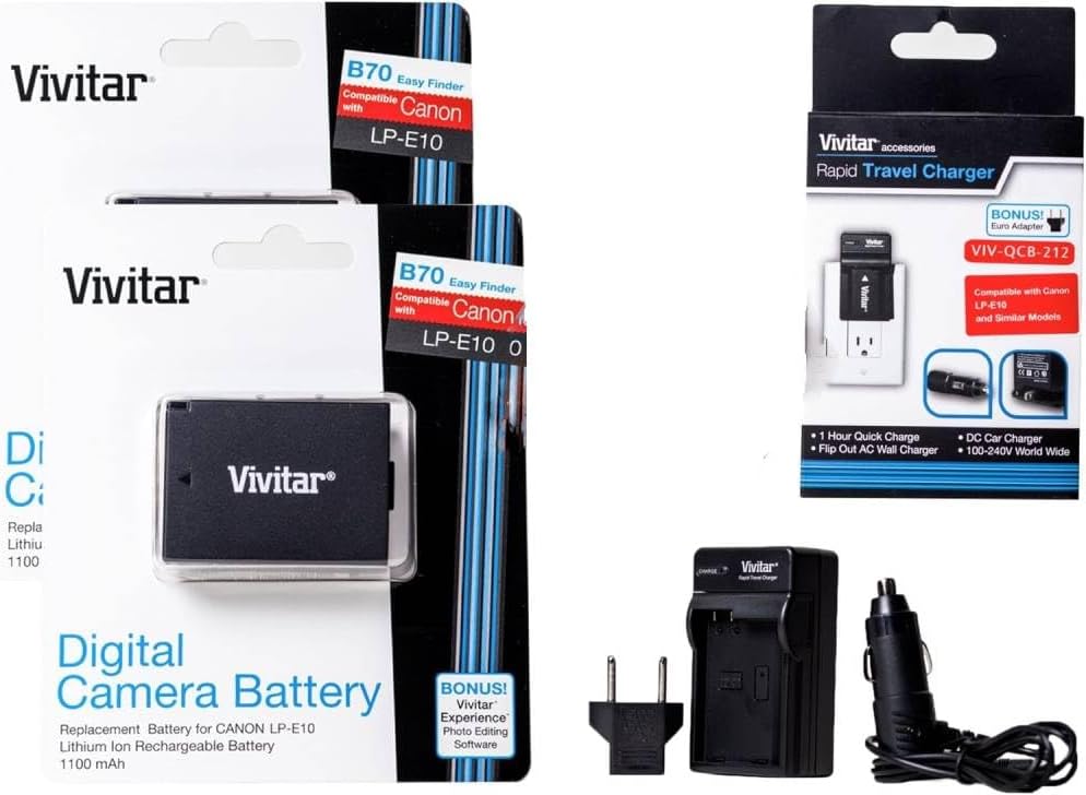 2 Pack LP-E10 Batteries with Rapid Charger and Cleaning Cloth