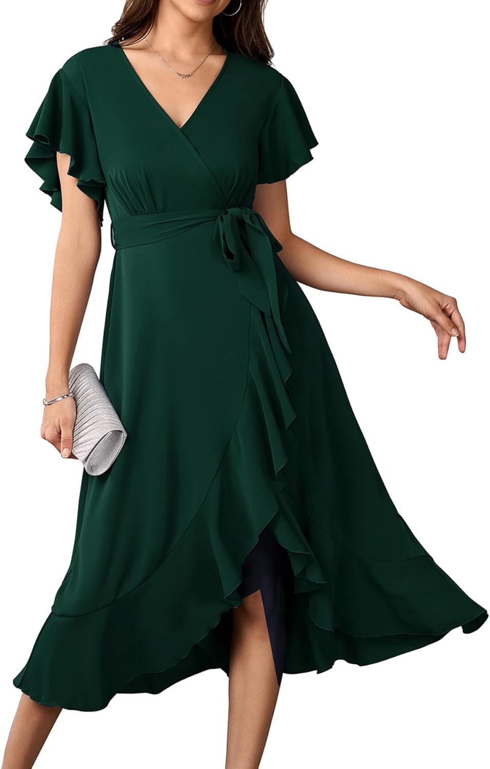 Womens Wedding Guest Midi Dress with Flutter Sleeves and V Neck