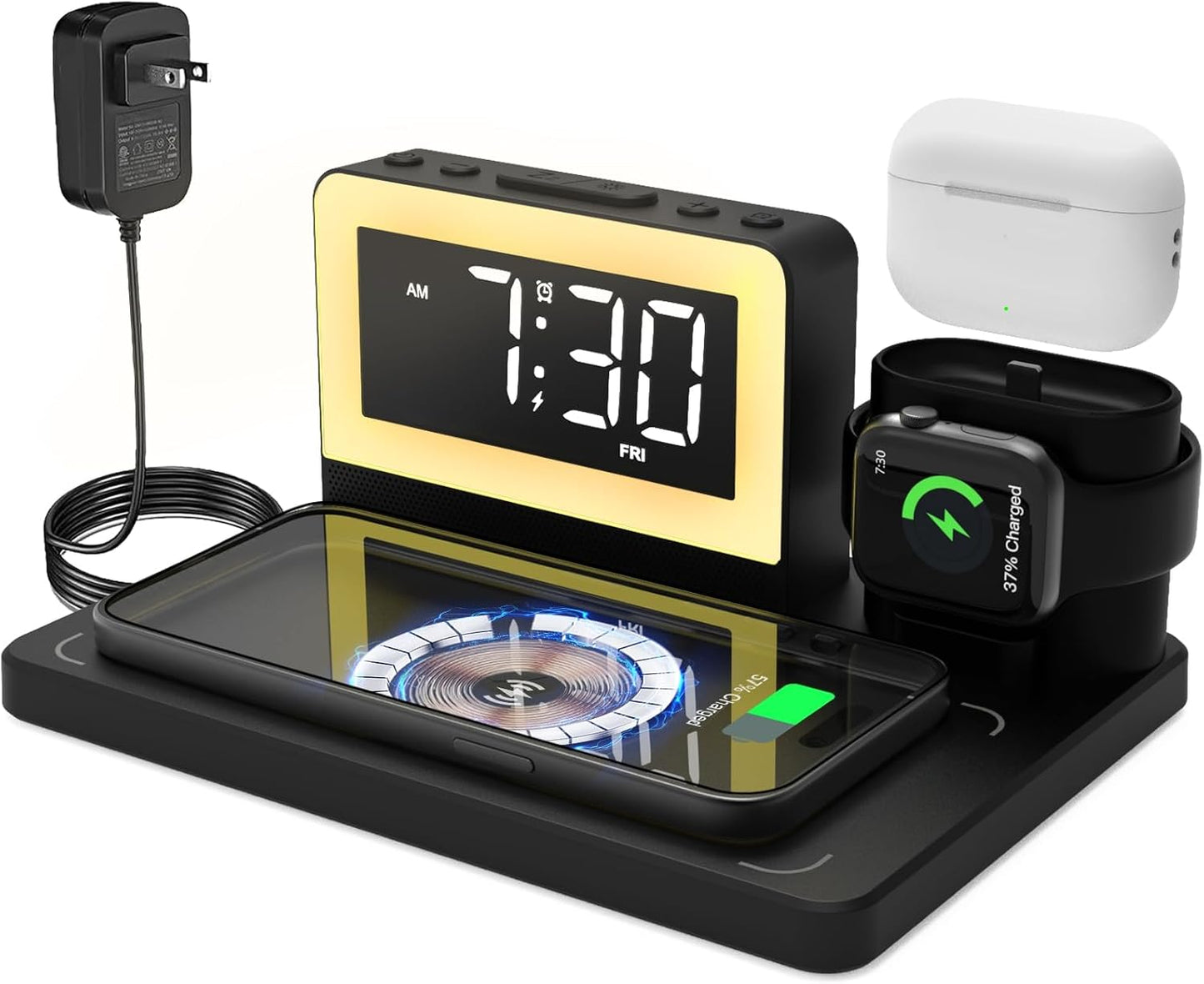 Wireless Charging Station with Alarm Clock and Night Light