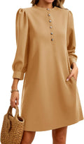 Wenrine Womens 3/4 Puff Sleeve Mini Dress Button Crewneck (Style 6Y8Y)