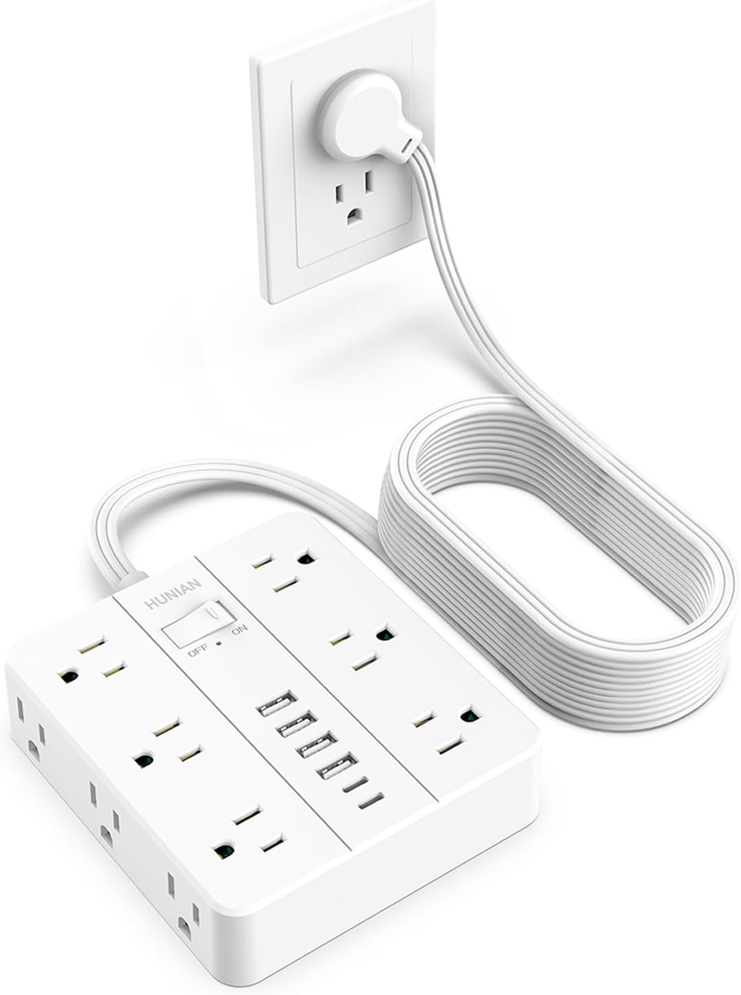 Flat Plug Power Strip Surge Protector with 12 Outlets and USB