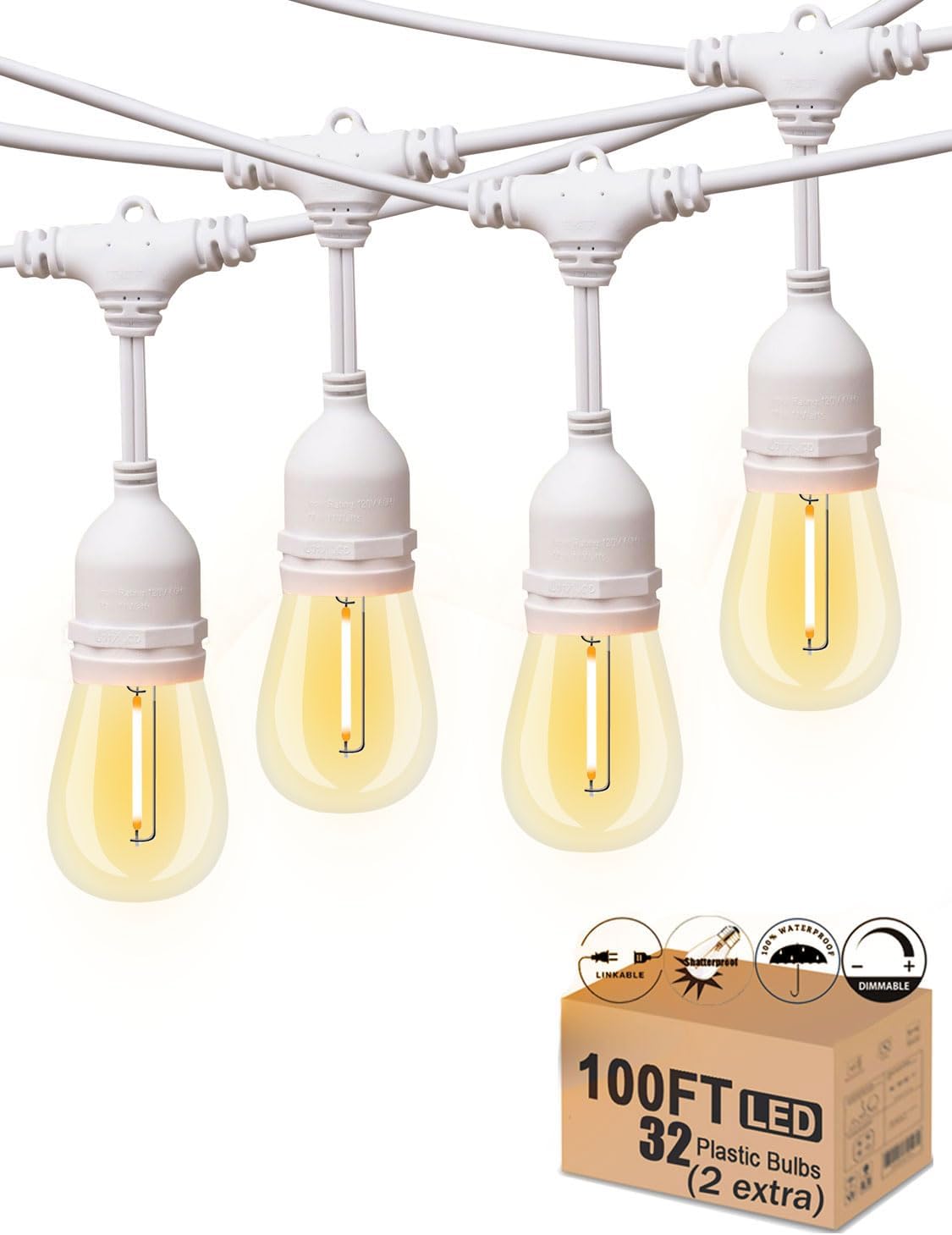 Outdoor String Lights LED White 100FT for Weddings and More