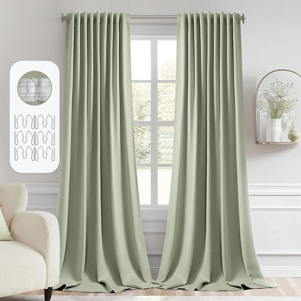 MIULEE Back Tab Sage Green Curtains 108 Inch Long for Privacy