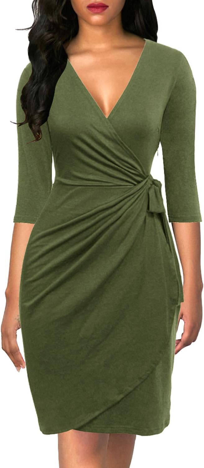 Berydress Women's Classic 3/4 Sleeve V Neck Sheath Dress