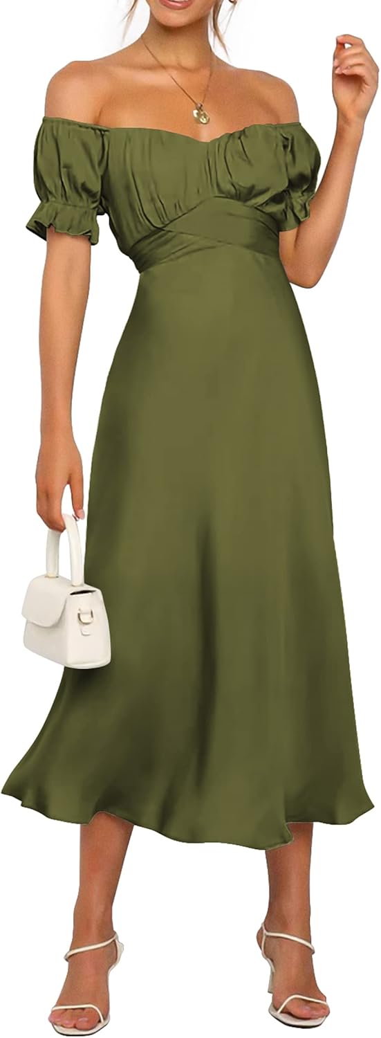 Elegant Off Shoulder Satin Midi Dress for Summer and Fall Events