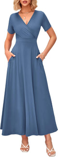 Women's Summer Maxi Dress Wrap V Neck with Pockets - Comfortable Fit