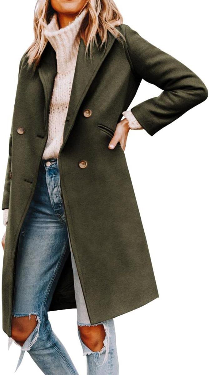 Yousify Womens Notched Lapel Collar Double Breasted Pea Coat