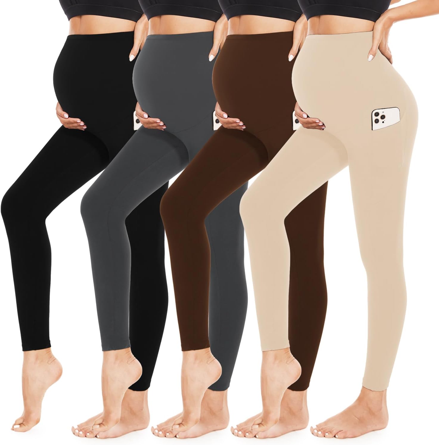 4 Pack Womens Maternity Leggings with Pockets for Comfort