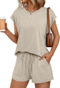 Womens Crew Neck Two Piece Short Sets - Summer Drawstring Loungeset