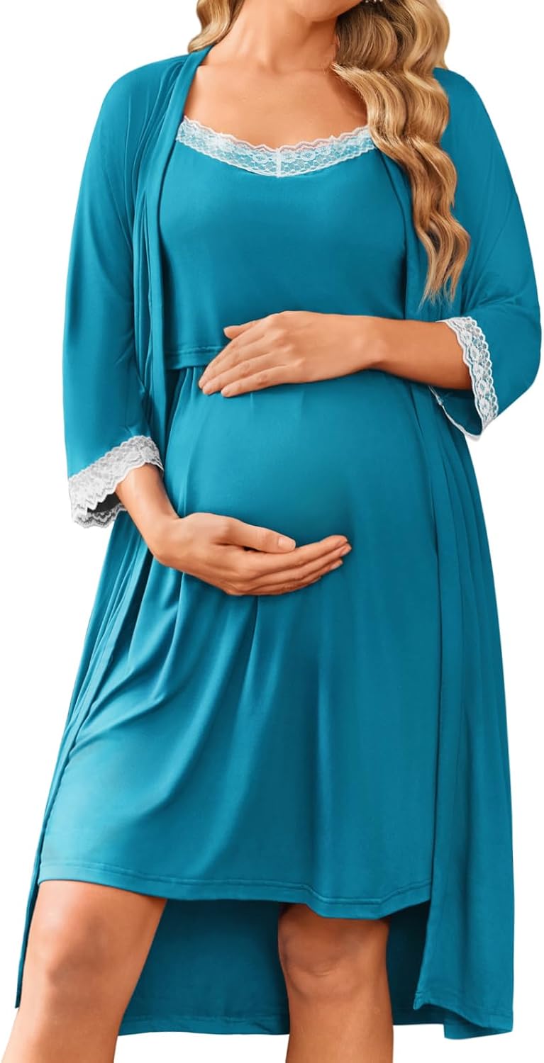 Ekouaer Women Lace Maternity Nursing Gown & Robe Set for Moms